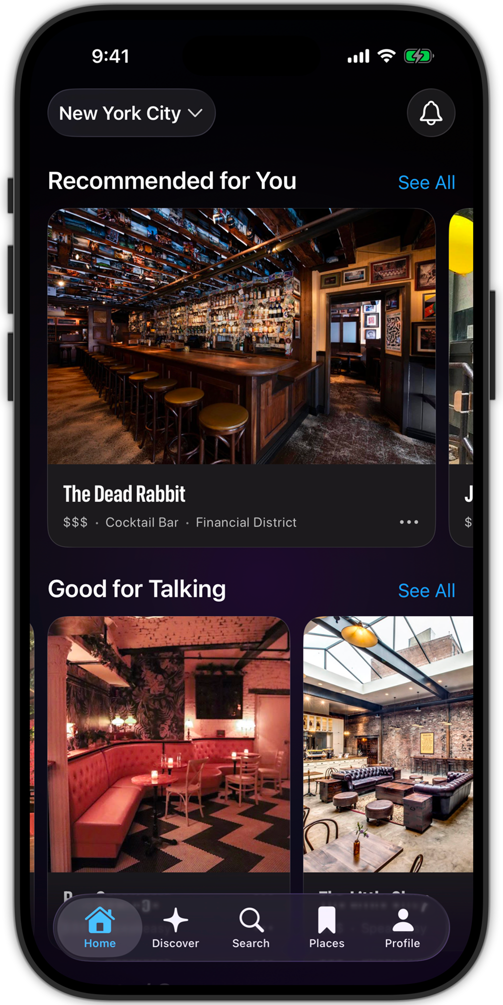 Bottlespace home screen with recommended bars